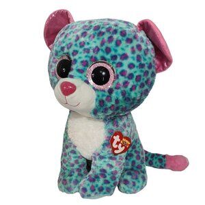 TySilk Beanie Boos Sydney for Claires Blue Spotted Leopard Cat Glitter Eye 16"